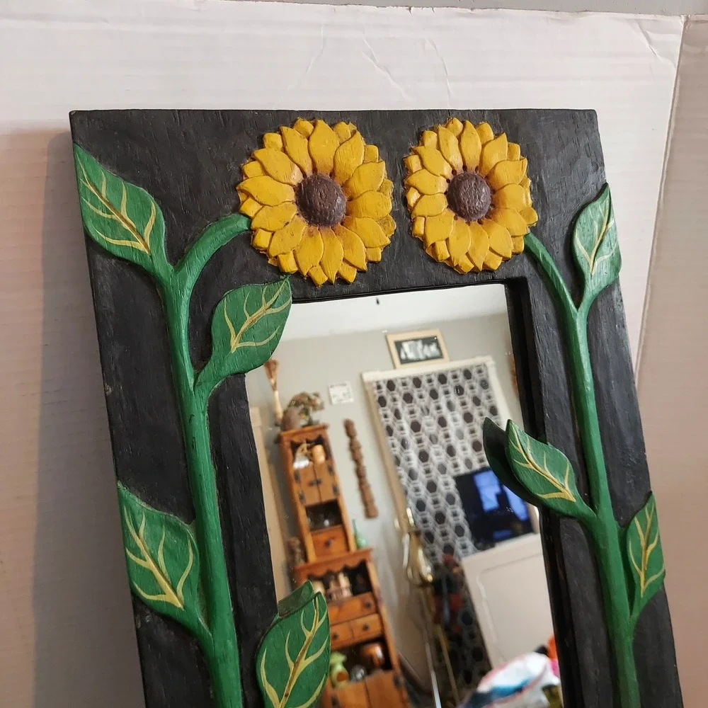 Hand Carved Wood Sunflower Wall Mirror Rustic Folk Art Floral Decor 19.5x11.5